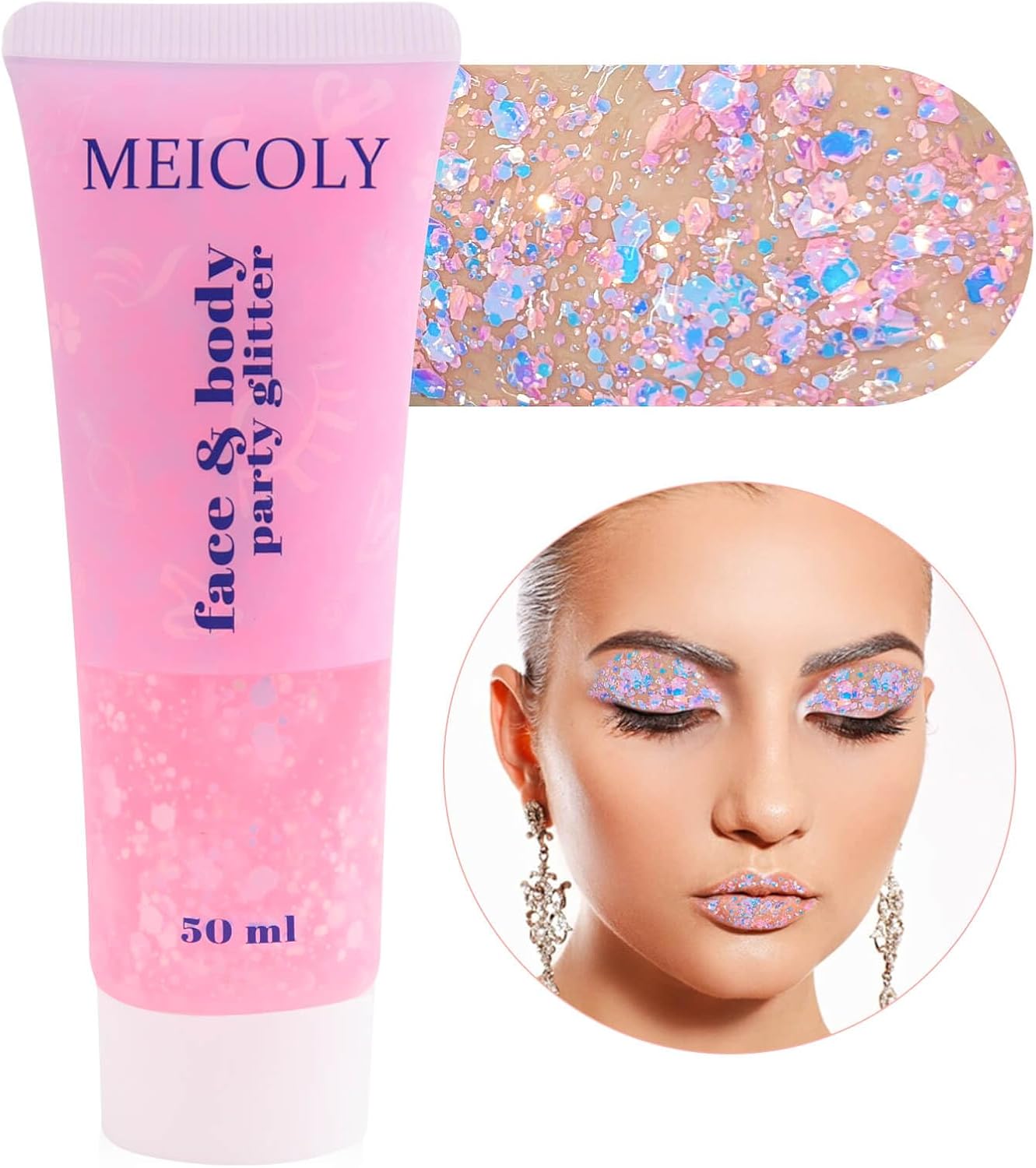 MEICOLY Chameleon Baby Pink Body Glitter,Pink Turn to Purple Face Glitter Paint,Color Changing Mermaid Face Glitter Gel for Halloween,Chunky Glitter for Face Body Hair,Festival Party Glitter Makeup