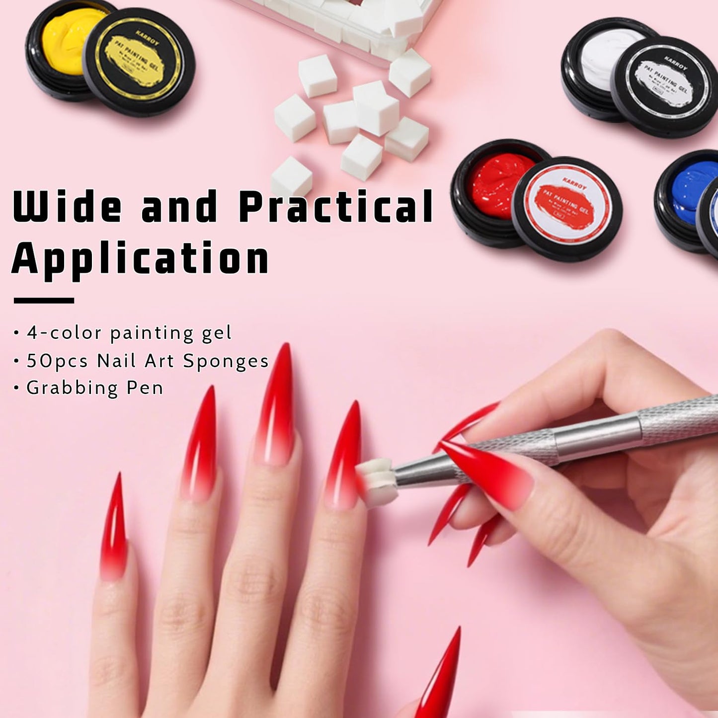 Sponge Patting Painting Nail Gel Set, 50PCS Sponges with Grabber for Ombre Gradient Nails, Blending Mixing Colors Blue Red Yellow, Aurora Nails Art Design (50Sponges & Grabber & 3PrimaryColors)