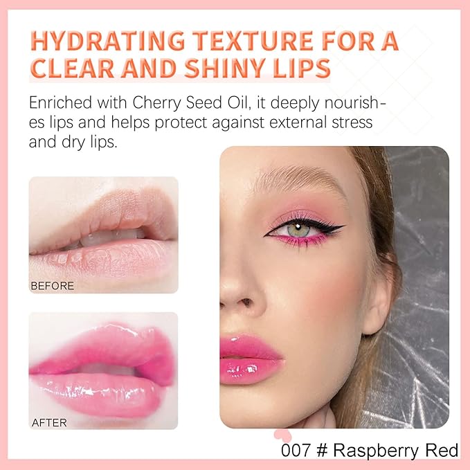 Hydrating Lip Glow Oil, Plumping Watery Lip Gloss, Refreshing Moisturizing Lip Oil Tinted Lip Balm, Lasting Nourishing Revitalizing Lip Tint Lip Care (07# Raspberry Red)