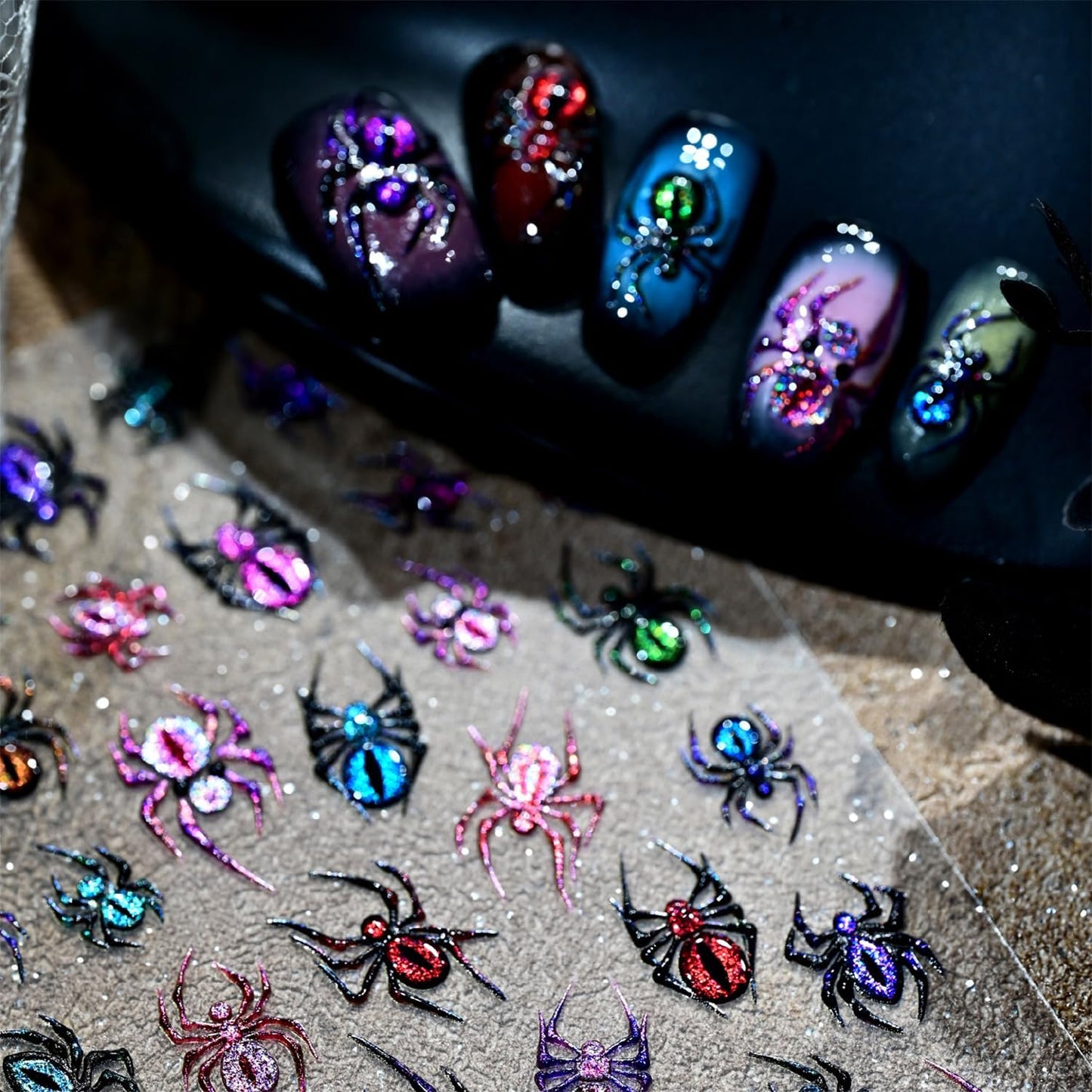 1 Sheets Embossed Halloween Nail Stickers for Nail Art 5D Self-Adhesive Spider Nail Art Stickers Colorful Spider Nail Decals Halloween Nail Design Sticker for Women DIY Manicure