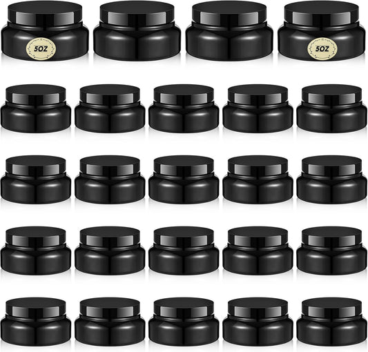 Tessco 24 Pack Plastic Jars with Lids Labels Empty Clear Plastic Jars Round Refillable Cosmetic Containers Body Butter Containers Bulk Sugar Scrub Bottle for Make Up(5 oz,Black)