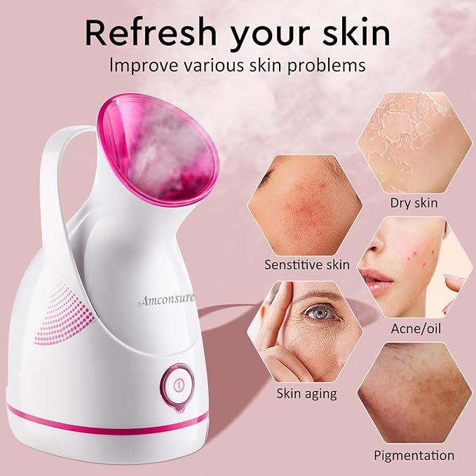 Amconsure Facial Steamer - Nano Ionic Face Steamer Warm Mist Steamer for Home Sauna SPA, Humidifier for Face Steamer for Deep Cleaning Unclogs Pores Sinuses - Bonus 5 Piece Stainless Steel Skin Kit