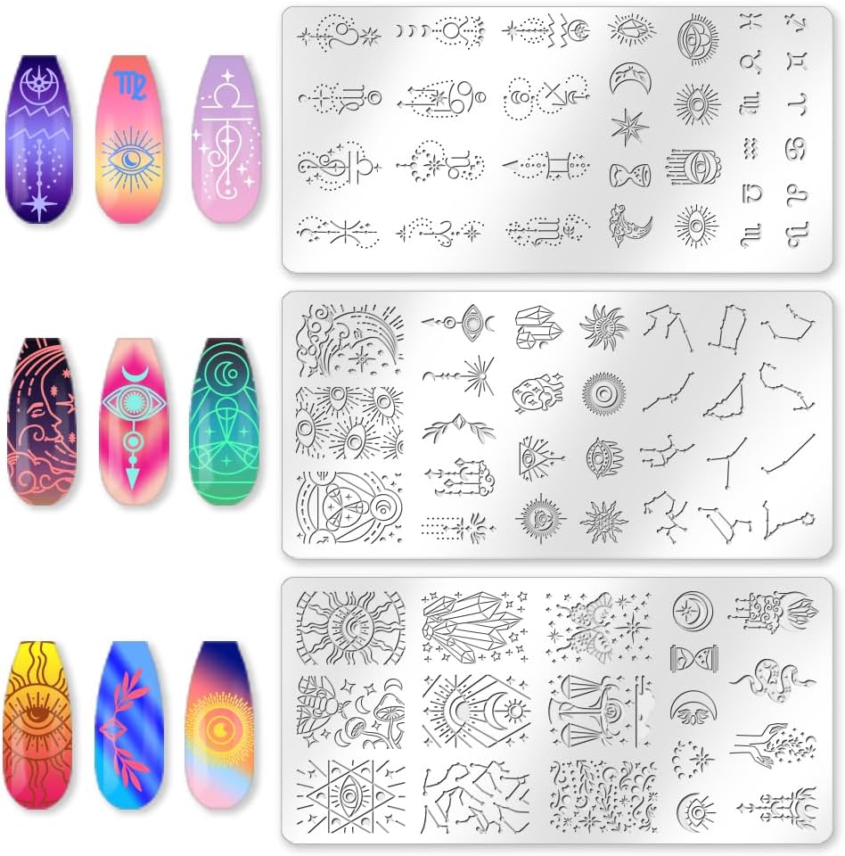 3Pcs Constellation Nail Stamping Plate Set Zodiac Tarot Nail Stamp Templates Sun Moon Stars Stainless Steel DIY Reusable Tools with Stamper Scraper for Manicure Printing
