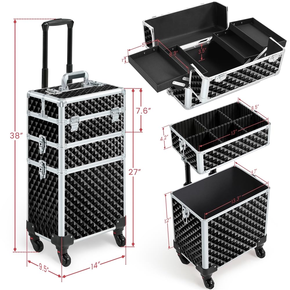 Yaheetech Rolling Makeup Train Case 3 in 1 Cosmetic Case Professional Makeup Suitcase Large Aluminum Cosmetic Trolley with Swivel Wheels and Key, Diamond Pattern- Black