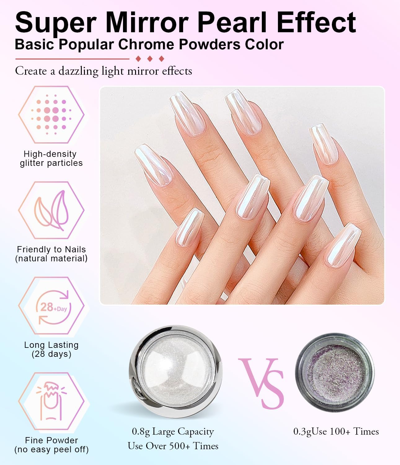 Pearl Chrome Nail Powder BISHENGYF:【Super Mirror Effect】White Pearl Chrome Nail Powder Ice Transparent Aurora Chrome Nai l Powde r for Nails Art DIY
