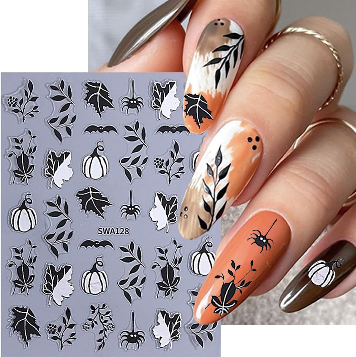 Halloween Nail Stickers Pumpkin Nail Sticker for Nails Art Spider Web Nail Decals Leaf Ghost Bat Heart Gold Hollow Design Cute Autumn Nails Stickers Decoration Manicure Supplies for Women
