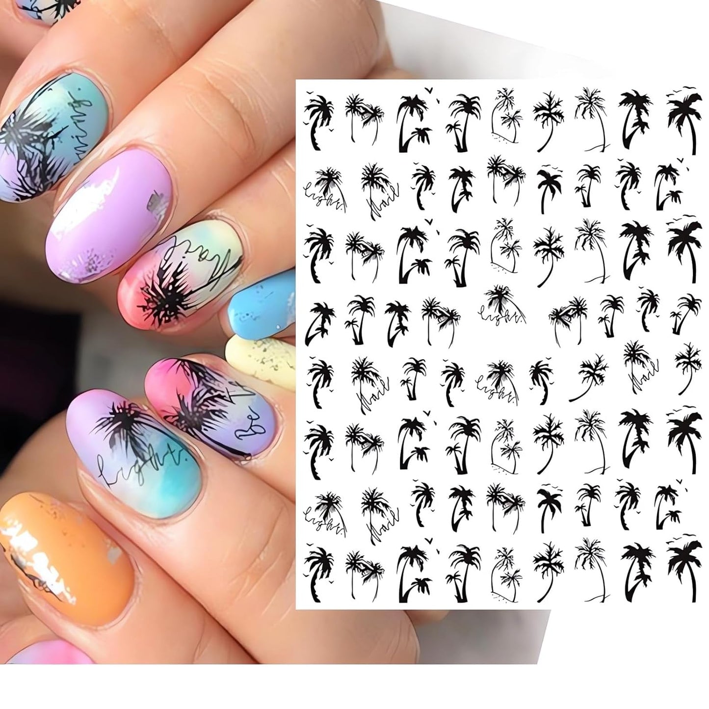 8 Sheets Nail Art Stickers Summer Beach Palm Coconut Tree 3D Self-Adhesive Nail Decals Tropic Plantain Leaf Fruit Sunflower Designs Nail Decorations DIY Acrylic Nail Supplies for Women Girls Manicure Art