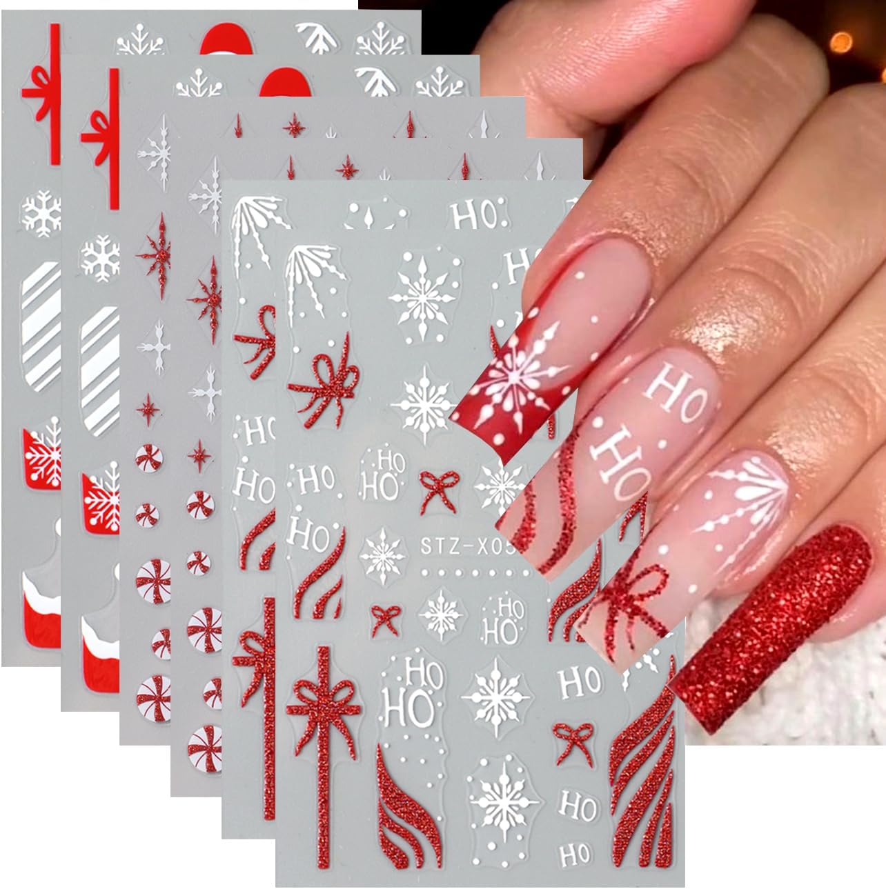 6Sheets Red Christmas Nail Art Stickers,Christmas Hat Snowflake Gift with French Bow Snowflakes Hat Glitter Design 3D Self-Adhesive Decals Supplies Winter New Year Manicure Tips Decoration for Women