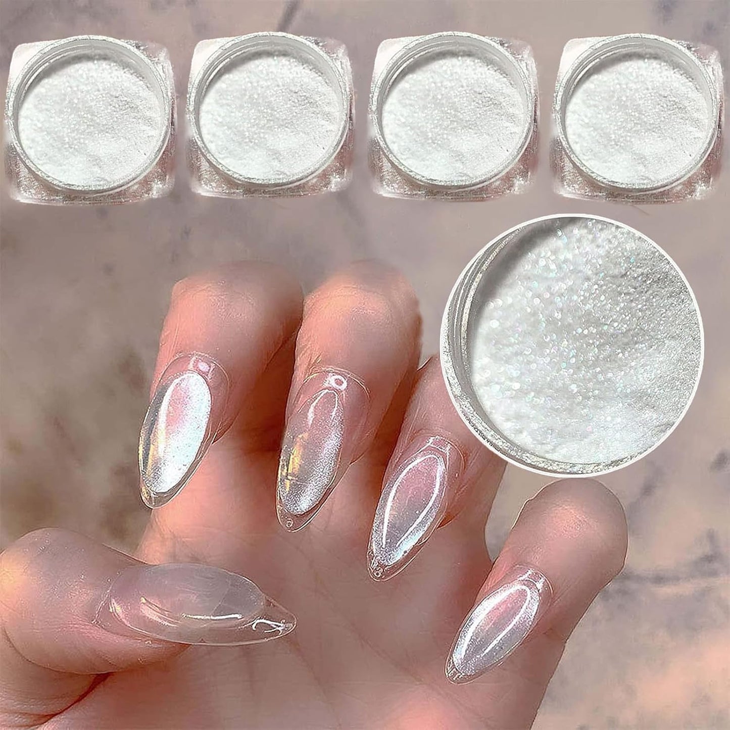 4pc Pearl Chrome Nail Powder Ice Transparent Chrome Powder for Nails, Rainbow Holographic Nail Chrome Powder for Manicure Decorations(4pc White)