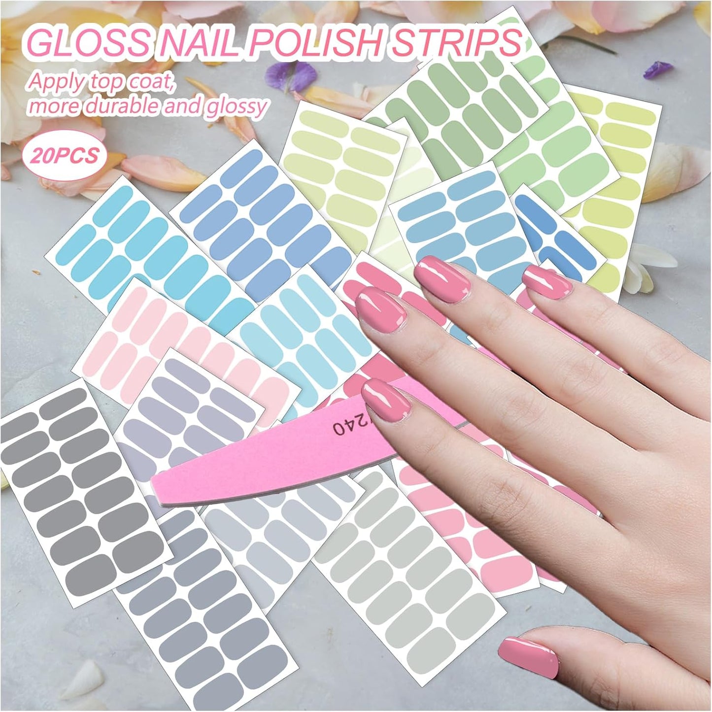 SILPECWEE Nail Polish Strips (20 Sheets, Light Color), Spring Nail Polish Stickers Full Nail Wraps Self Adhesive Nail Stickers Gel Strips Fingernail Sticker Nails for Women with File