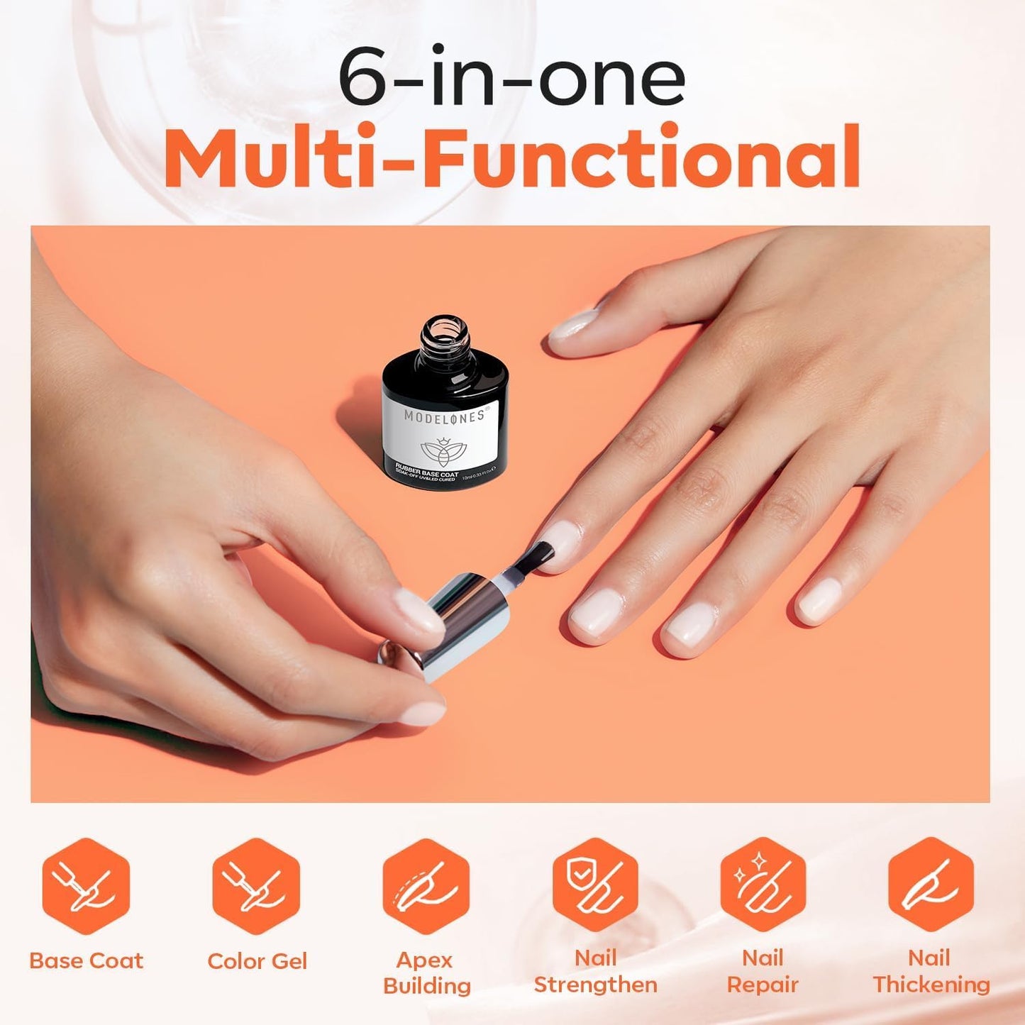 modelones Milky White Rubber Gel Base Coat, 6 in One Builder for Strengthen Apex Building Extension Long Lasting Protect Color Based Gel Polish Manicure for Fragile Nails Art Home Salon