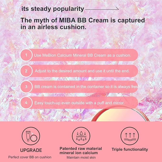 MIBA Ion Calcium Mineral BB Cushion 12g / 0.42 oz. Airless Cushion BB Cream, Moisturizing Finish.