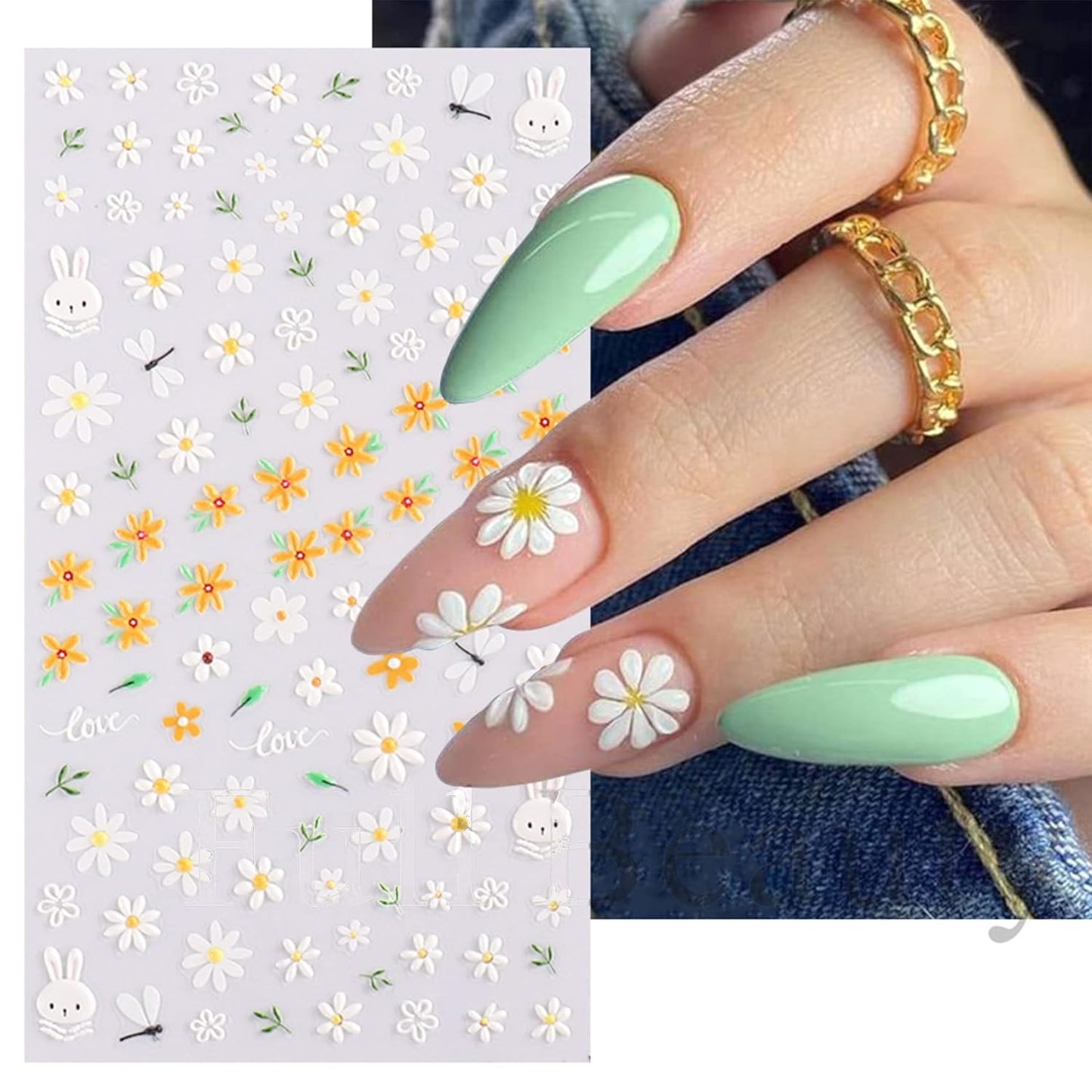 TailaiMei Flower Nail Art Stickers, 5D Embossed Colorful Spring Daisy Nail Decals, Self-Adhesive Design for DIY Decoration (3 Sheets)