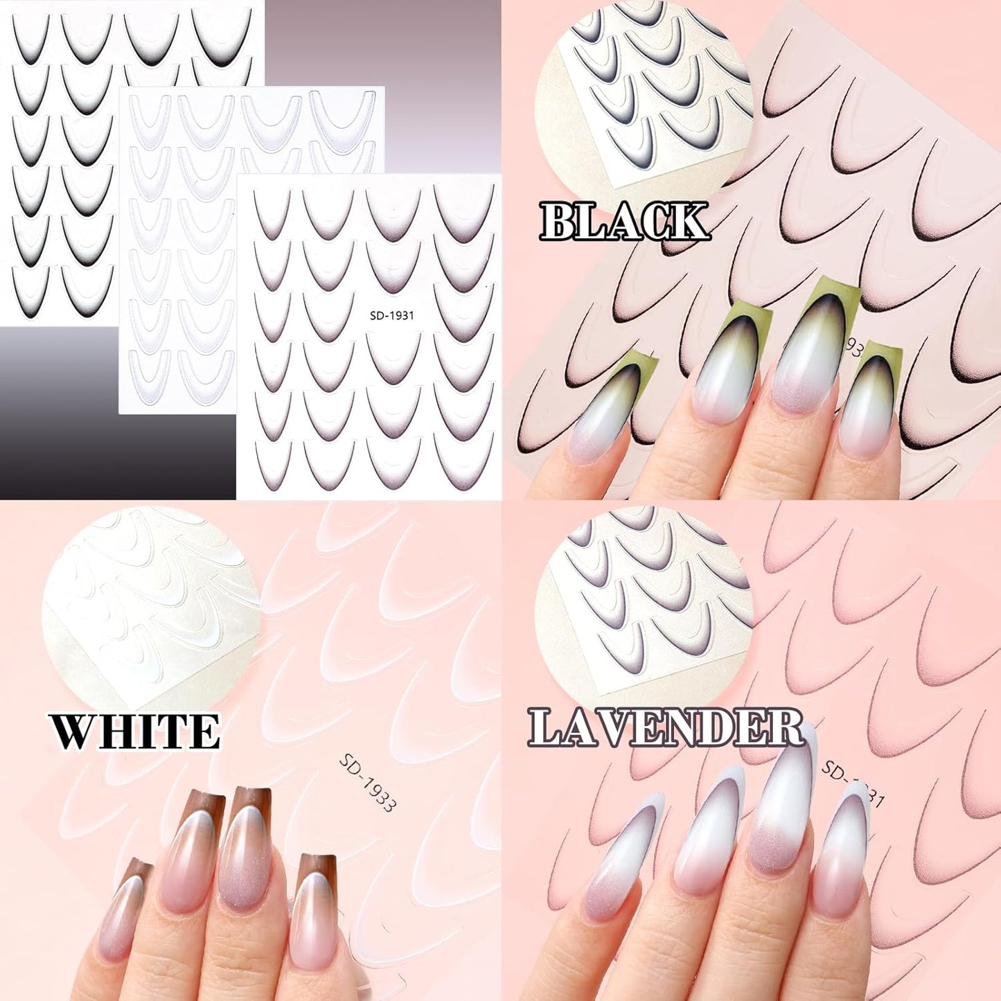 12 Sheets Colorful French Tip Nail Stickers, Gradient French Line Nail Art Stickers with Tweezer, French Tip Nail Decals 3D Self-Adhesive Nail Tips Guides for Women Manicure Decoration