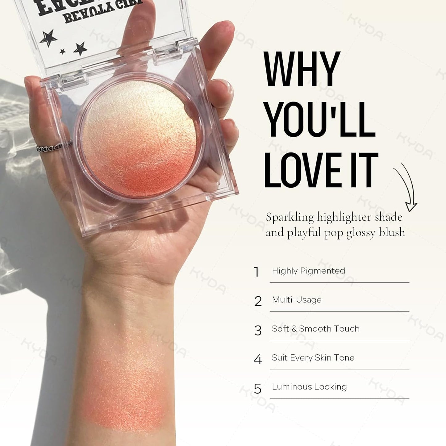 KYDA Baked Blush, Orange Glow Powder for Blush and Highlighter, High Glossy Finish, Lightweight Blendable Shimmer Blusher, Multiuse Baked Powder, 0.53 oz