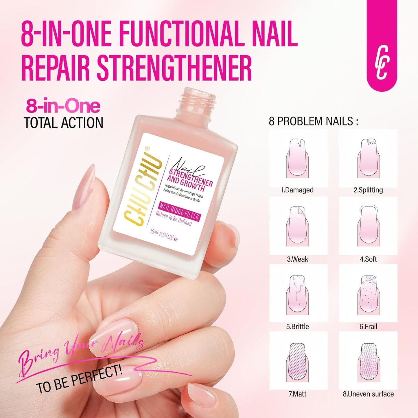Nail Strengthener for Women: 8 in 1 Soft Pink Natural Nail Hardener Extra Strong and Growth - Nail Polish Hardener Ridge Filler Concealer for Weak and Damaged Nails 15ml