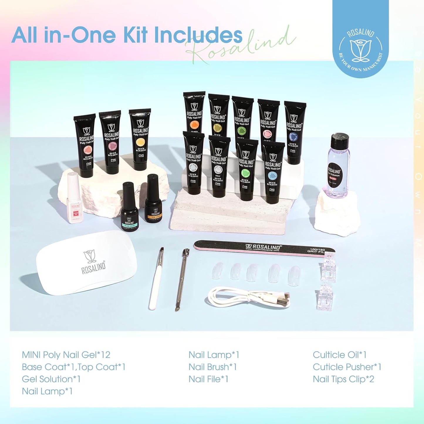 ROSALIND 12PCS Poly Nail Gel Kit with Mini Nail Lamp Nude Brown Cherry Pink Poly Extension Gel Kits