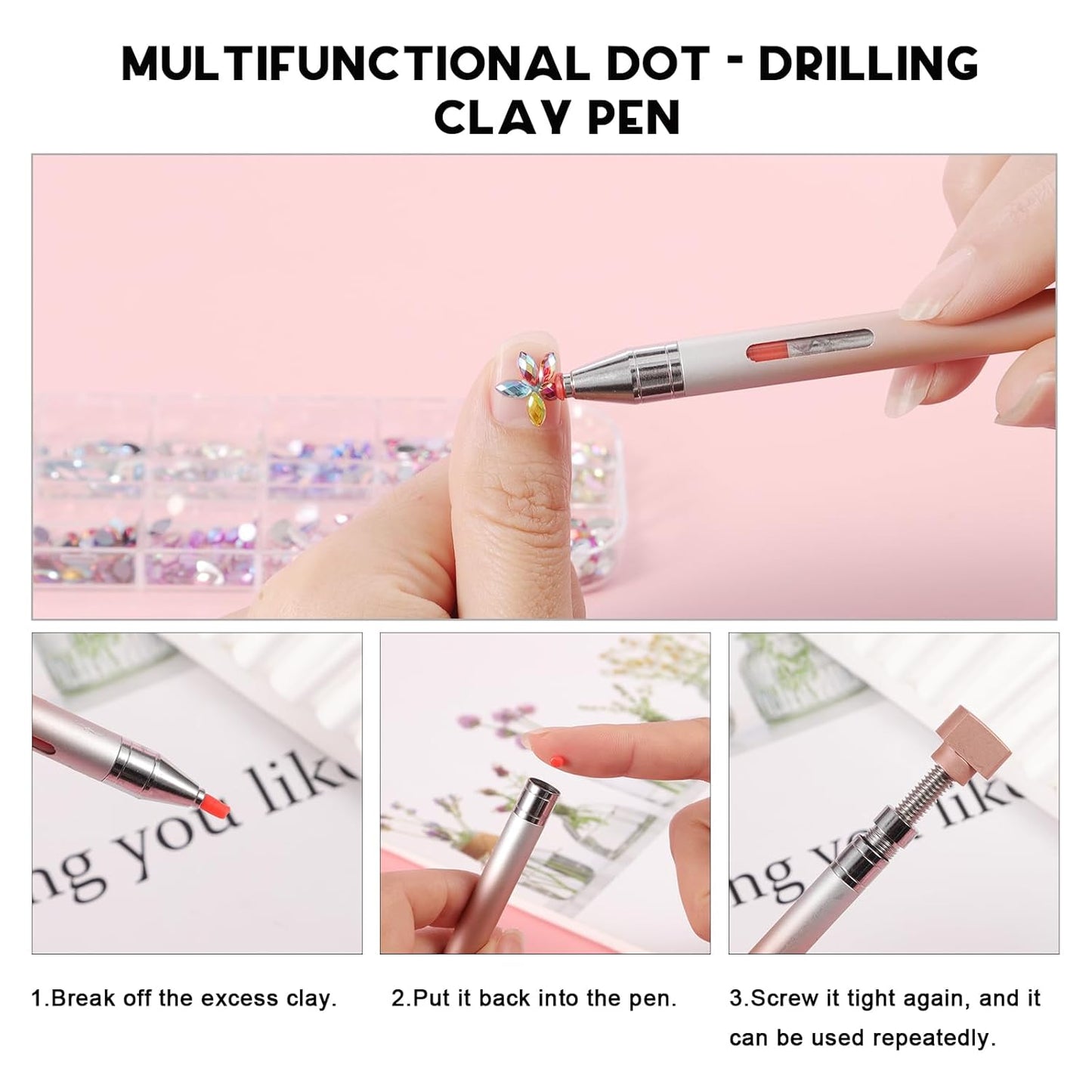 WOKOTO 1 PCS Nail Art Rhinestone Picker Pens With Spare Silicone Clay Tool Orange&Silver Gradient Rotating Push Nail Diamond Art Painting Dotting Pen Refillable Wax Pen For Nails Gems Picker Tool