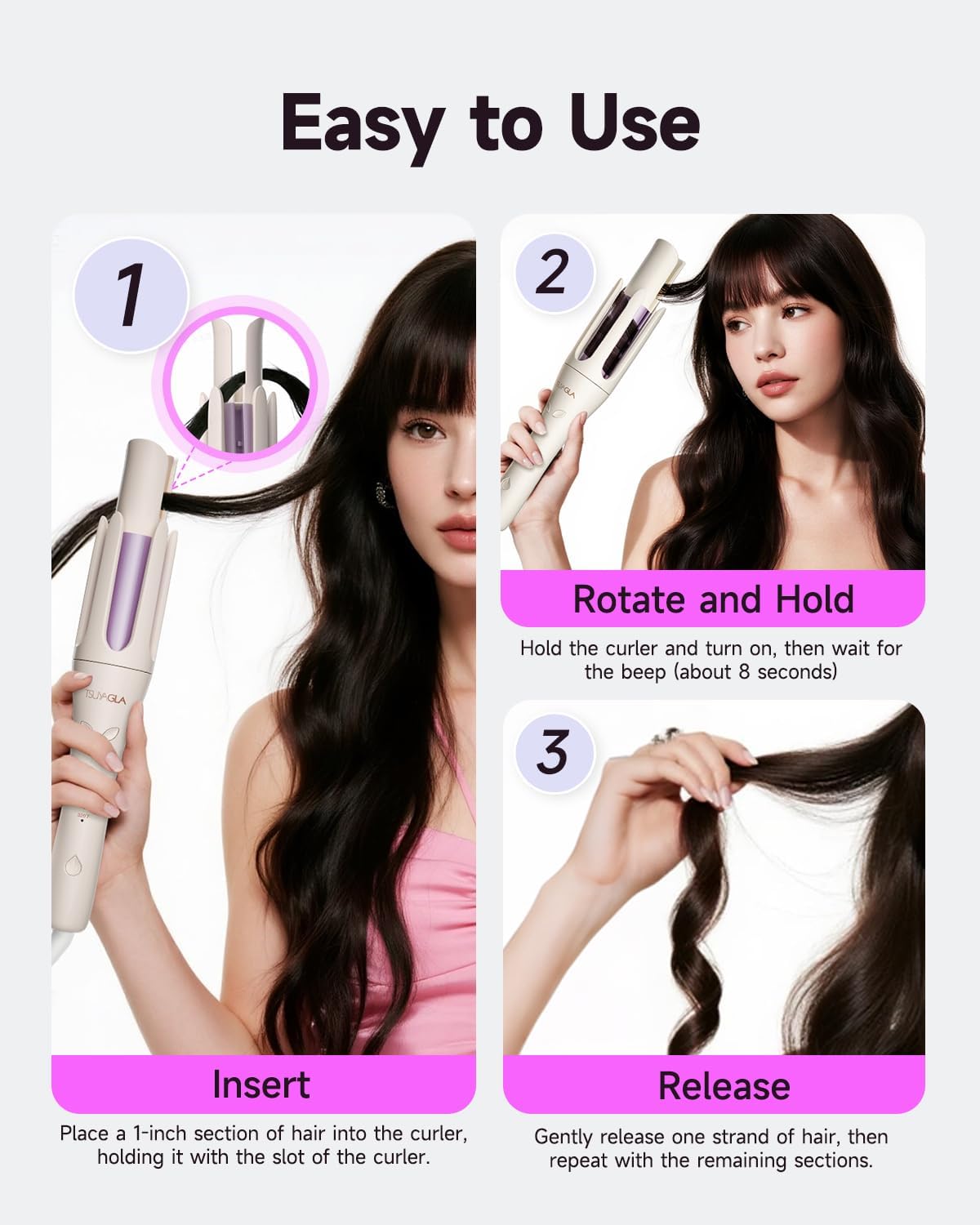 Automatic Hair Curler, 1 1/4 Inch Rotating Curling Iron with 3 Temp, 500 Million Ionic, 2-Way Rotation,10S Fast Heating, Anti-Scald, Anti-Tangle Rotating Curling Wand for Long Hair