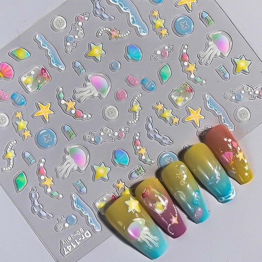2 Sheet Aurora Nail Art Sticker Summer Nails Decals 3D Adhesive Stickers Jellyfish Shell Starfish Design Cute Nails Art Decals for Women Girls Holiday Manicure Decoration