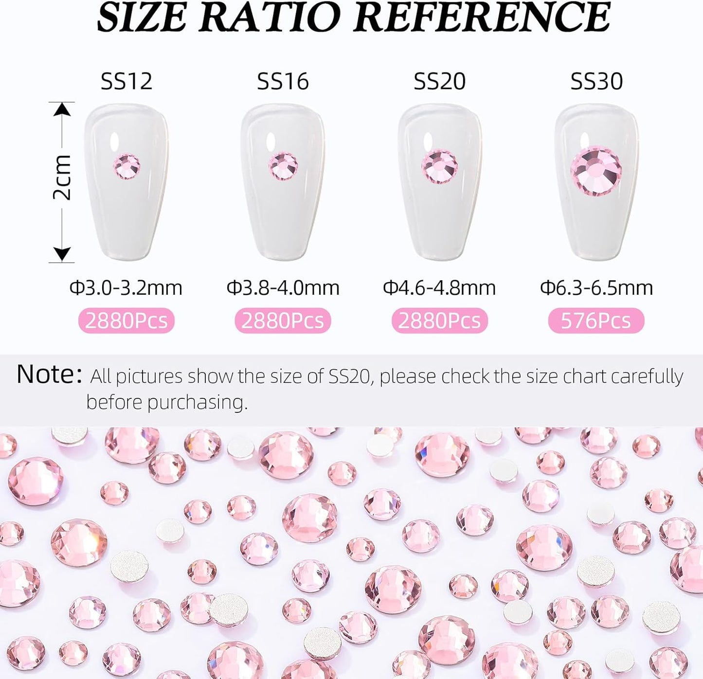 Pink Flatback Rhinestones, Glass Rhinestones for Nail Art and Craft, Glue Fix, Loose Crystal Gemstones(Pink, SS20, 2880pcs, 4.6-4.8mm)