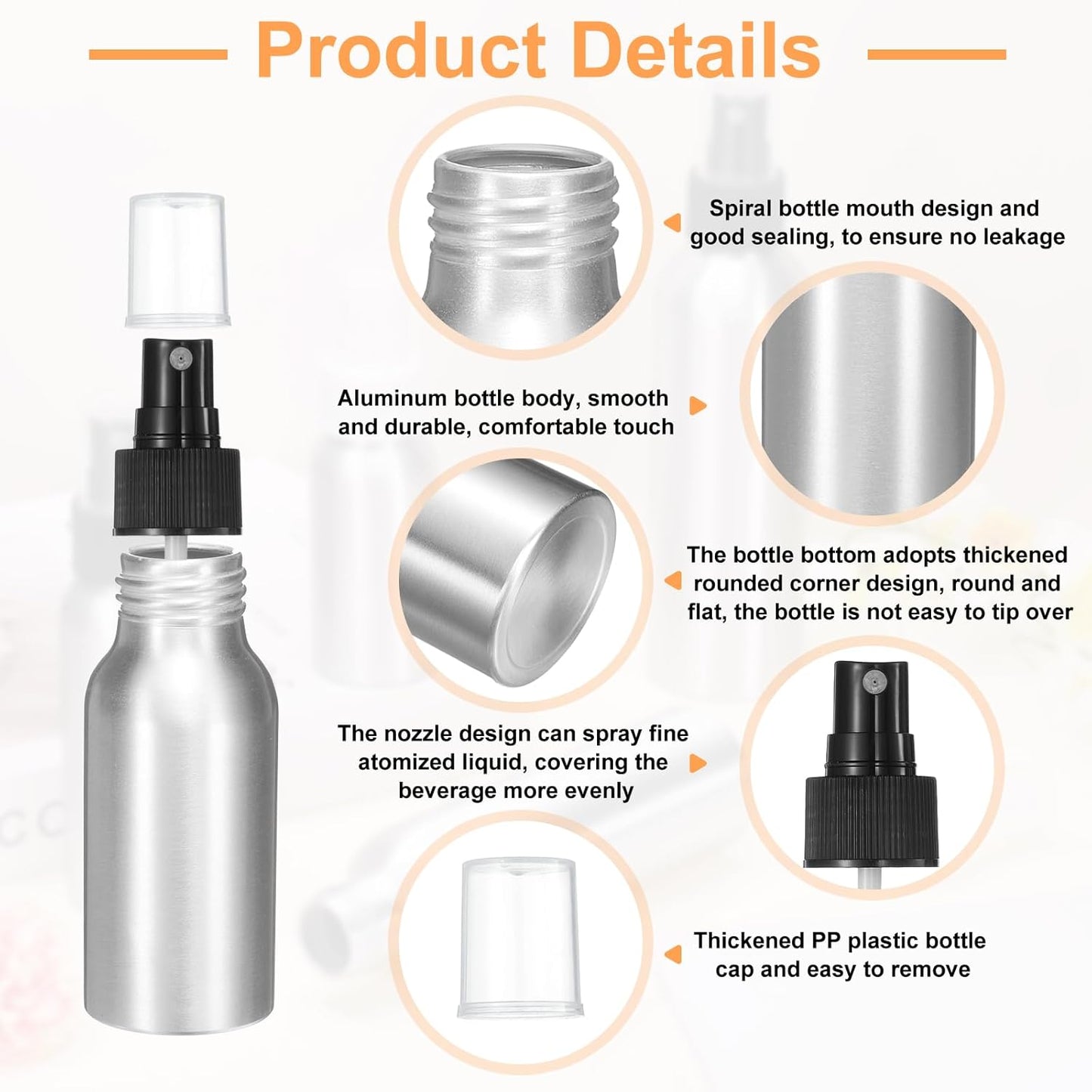 HARFINGTON 3pcs Aluminum Fine Mist Spray Bottles 50ml/1.7oz Metal Small Liquid Alcohol Refillable Travel Container with Black Plastic Nozzle Cap for Perfume Skincare Cosmetic Storage Bottle