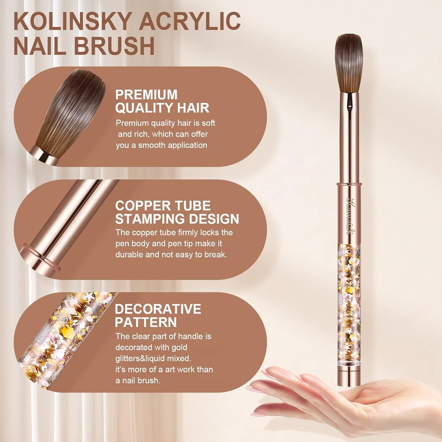 Acrylic Nail Brush Size 12,KEMEISI 100% Pure Kolinsky Nail Art Brushes Sturdy Handle Oval Shaped Acrylic Powder Nail Design Tools for Professional Manicure DIY Home Salon (Gold)