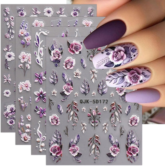 JMEOWIO 3D Embossed Flower Nail Art Stickers Decals Self-Adhesive 5D Spring Summer Floral Nail Supplies Nail Art Design Decoration Accessories 4 Sheets
