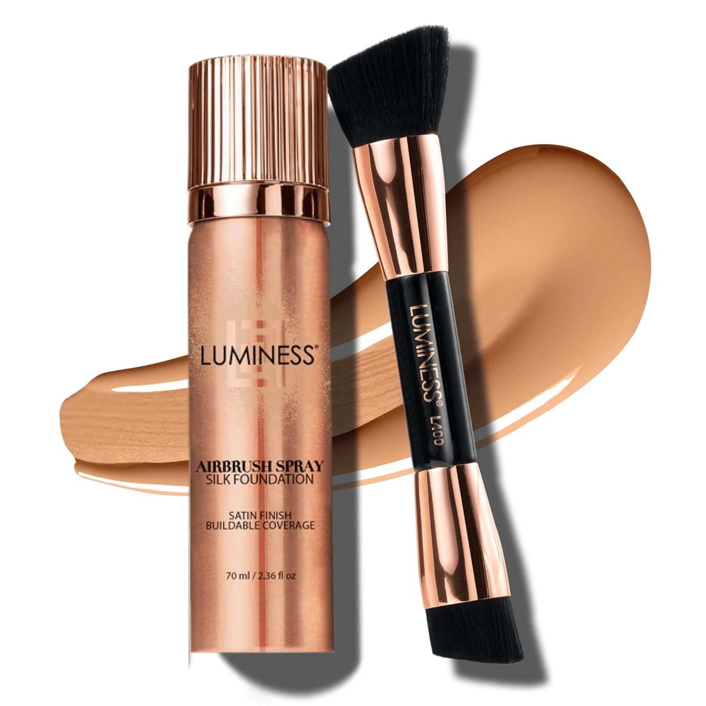 LUMINESS Silk Airbrush Spray Foundation & Buffing Brush Kit – Full Coverage Foundation & Dual-Sided Buffing Brush - Buildable Coverage, Anti-Aging Formula Hydrates & Moisturizes (Shade - Light Warm)