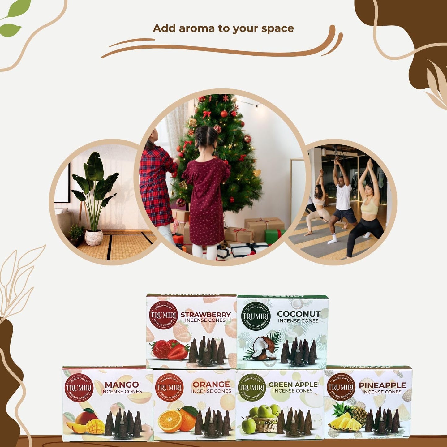 Trumiri Fruity Incense Cones - Variety Pack - Total 60 Cone Incense (6 Scents x 10 Conos) - Strawberry, Coconut, Pineapple, Apple, Mango, Orange - Cone Incense Scents - Insense Cones - Incent Cone