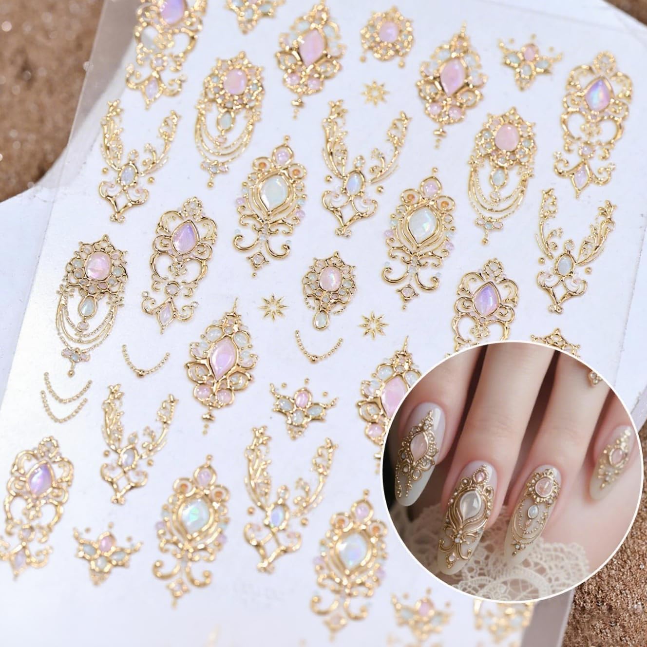 1 Sheet 5D Self-Adhesive Gem Nail Stickers Vintage Style Totem Nail Supplies 5D Embossed Gold Necklace Nail Decals Pink Diamond Nails Designs Baroque Scepter Nails Art Decoration for Women Manicure
