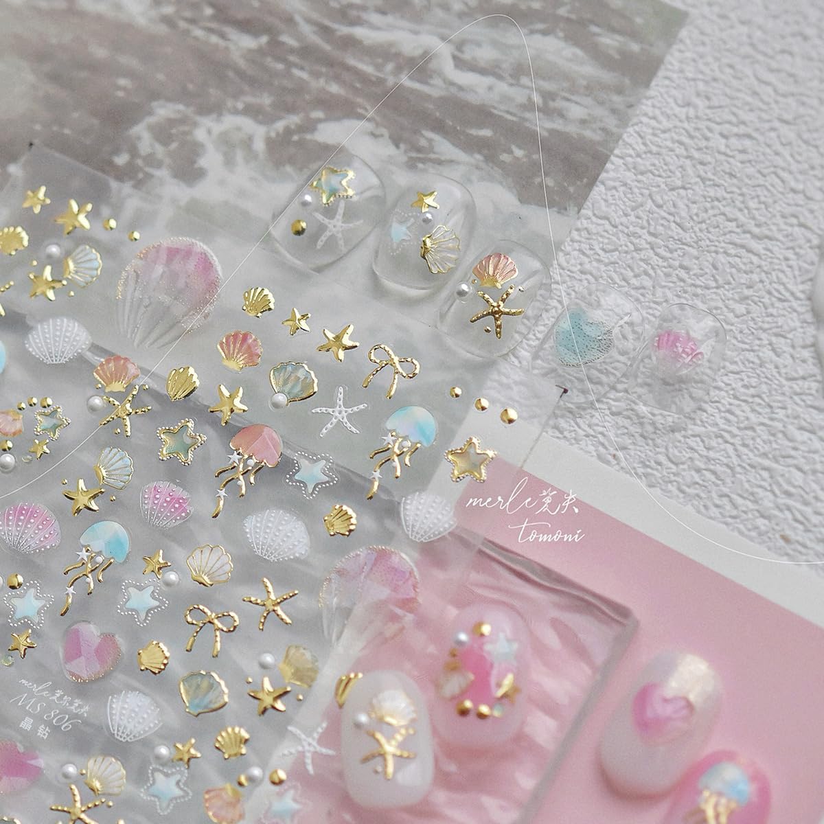 1 Sheets Summer Nail Stickers for Nails Art 5D Embossed Self-Adhesive Shell Starfish Nail Art Stickers Decals Gold Ocean Star Jellyfish Design Beach Nail Supplies for Women Acrylic Manicure Salon