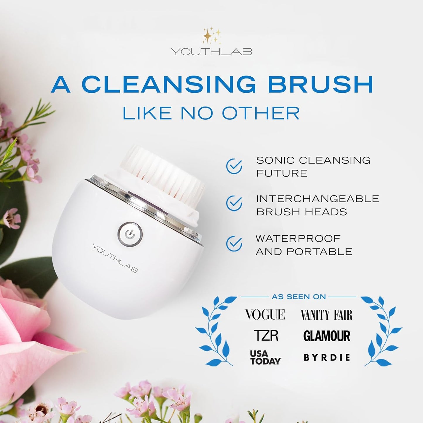 YouthLab Pure Radiance, Vibrating Facial Cleansing Brush, Electric, 3 Modes, 3 Brush Heads (2 Bristle,1 Silicone), Waterproof, Rechargeable, Smart Timer, Exfoliating, Massage (Silver)