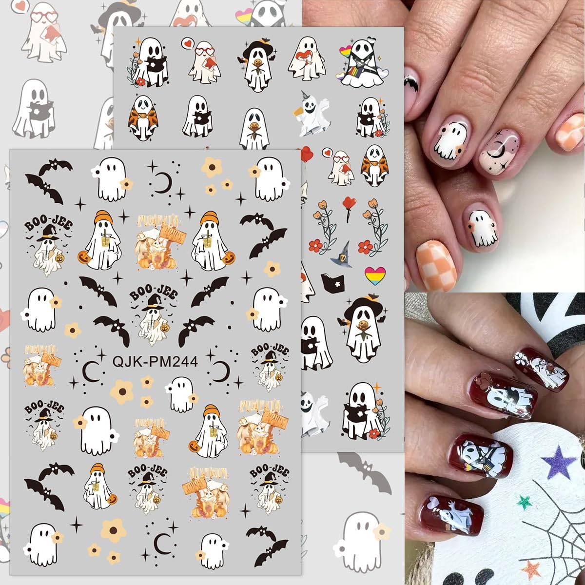 Halloween Nail Art Stickers - 3D Pumpkin, Spooky Ghost, Spider Web, Bats Decals - Self Adhesive Nail Design Stickers for Women DIY - 8 Sheets Decoration