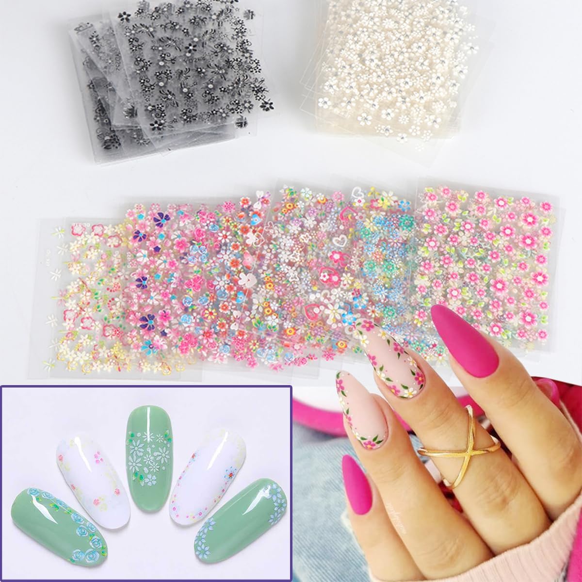 30Sheets Flower Nail Art Stickers White Black Colorful Flowers Nail Decals Daisy Rose Cherry Blossoms Nail Design Supplies 3D Self-Adhesive Floral Nail Stickers for Women DIY Nail Charms Decoration