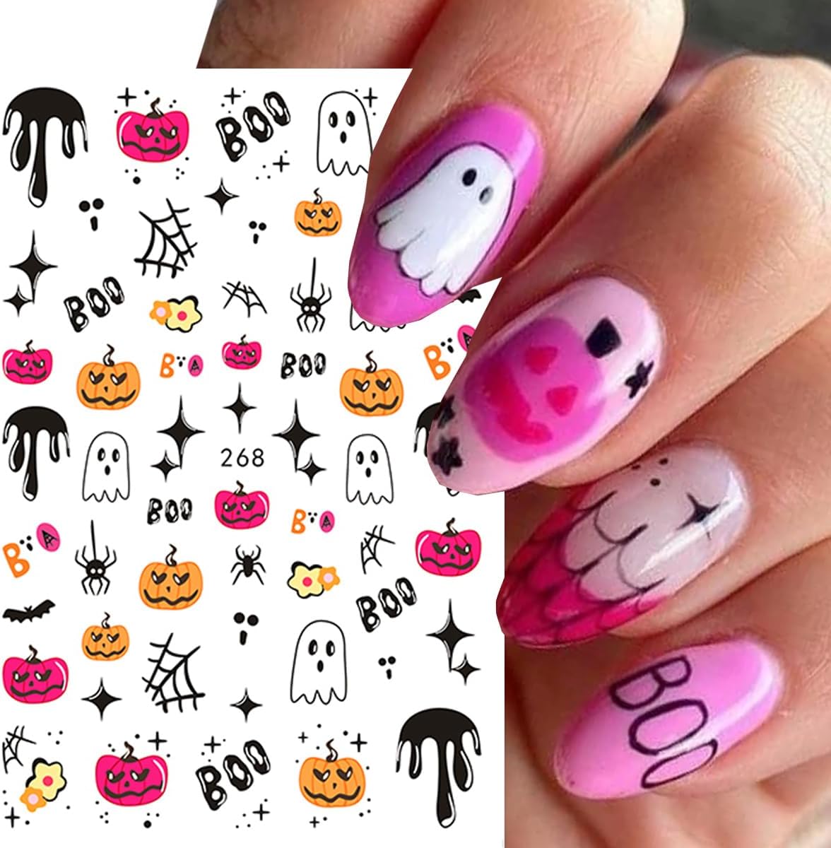 6 Sheets Flower Halloween Nail Art Stickers Colorful Ghost Nail Stickers Pumpkin Nail Decals Spider Web Tree Star Orange Design Cute Nail Sticker for Nail Art for Women Decoration Holiday Manicure
