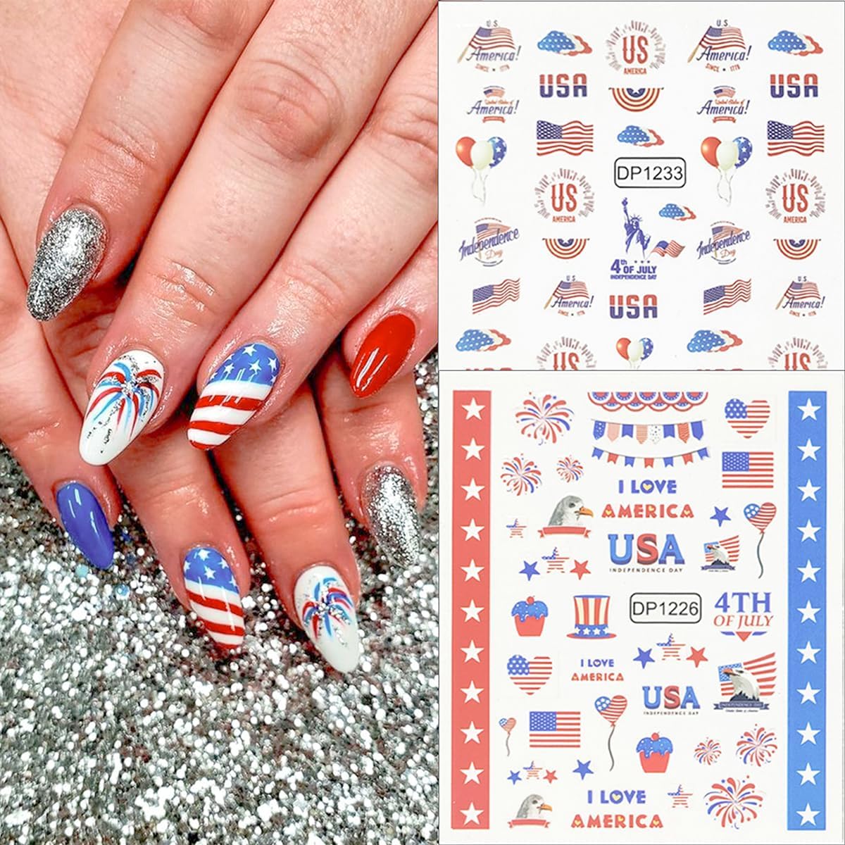 6Pcs Independence Day Nail Art Stickers Patriotic American Flag Heart Balloon Fireworks Nail Design 4th of July Nail Stickers 3D Self-Adhesive Star Nail Decals Decoration for Women DIY Nail Supplies