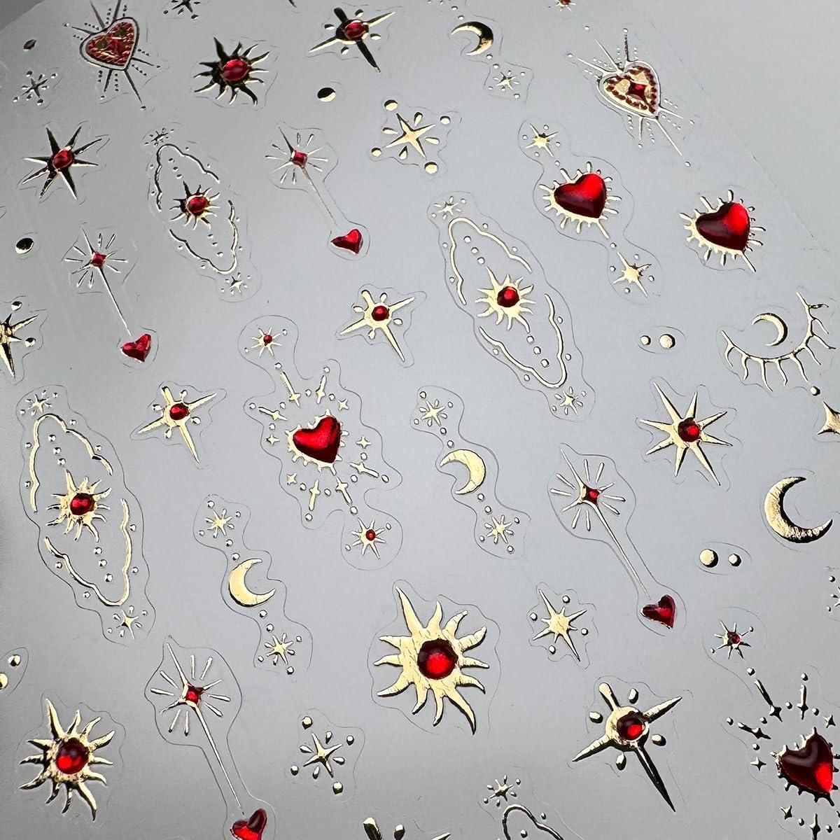 Heart Nail Art Stickers Red Nail Decals with Gold Design Star Moon Nail Sticker 5D Embossed Self Adhesive Nails Charms for Women Girls Kid Manicure Supply DIY Decoration Accessories