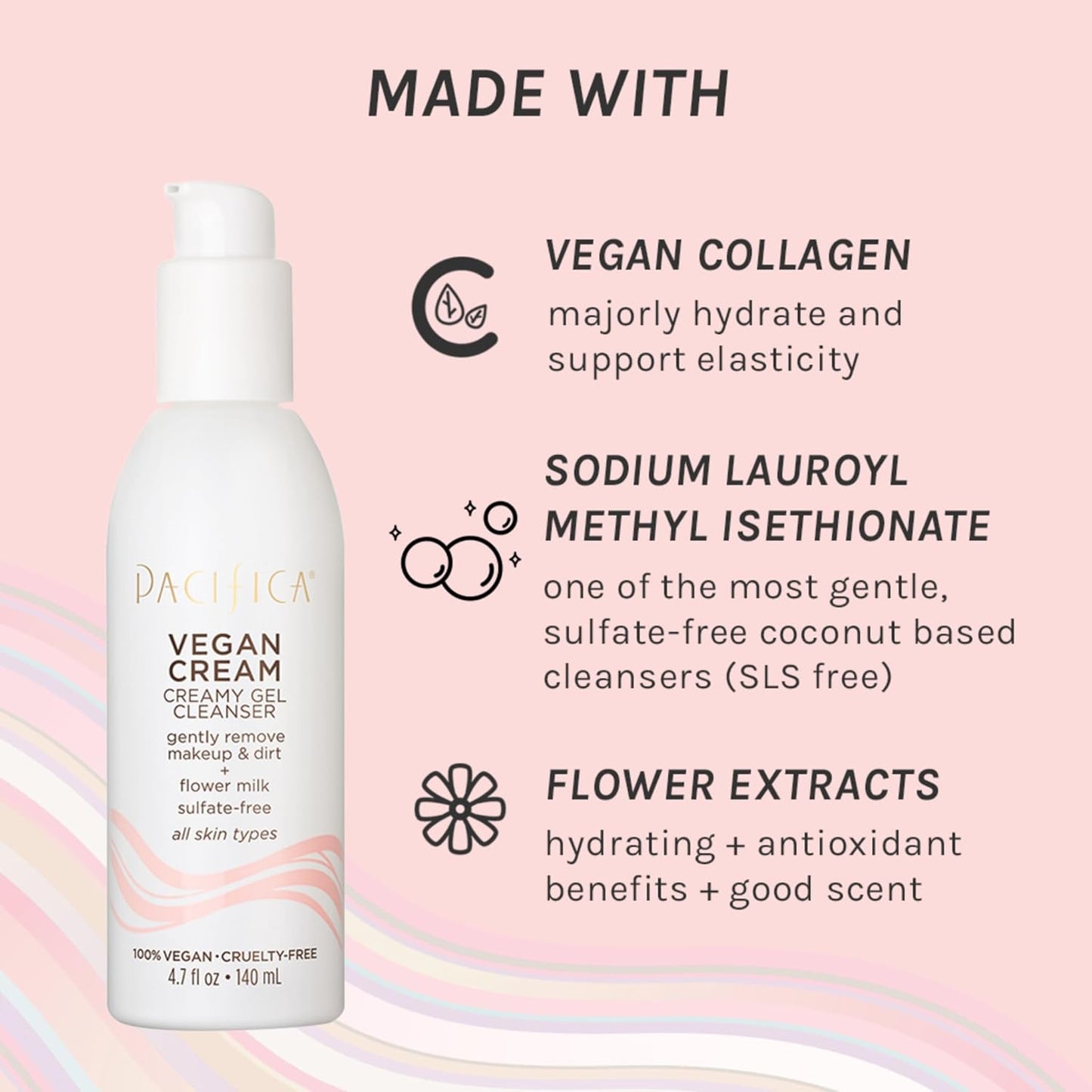 Pacifica Vegan Collagen Cream Gel Facial Cleanser - Daily Foaming Face Wash & Makeup Remover, Hydrating Anti-Aging Face Wash for Dry & Sensitive Skin, 4.7oz