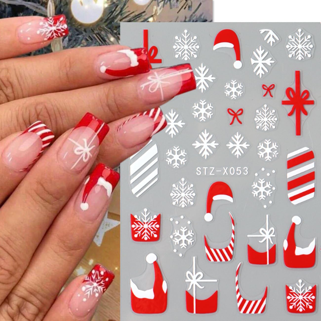6Sheets Red Christmas Nail Art Stickers,Christmas Hat Snowflake Gift with French Bow Snowflakes Hat Glitter Design 3D Self-Adhesive Decals Supplies Winter New Year Manicure Tips Decoration for Women