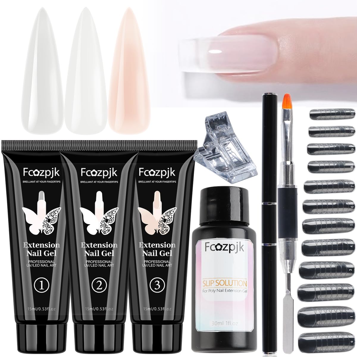 Poly Extension Gel Nail Kit, Clear White Pink With Slip Solution Dual Builder Nail Forms, Clips for Poly Gel, Starter Kit for Home Manicure Set, Nude