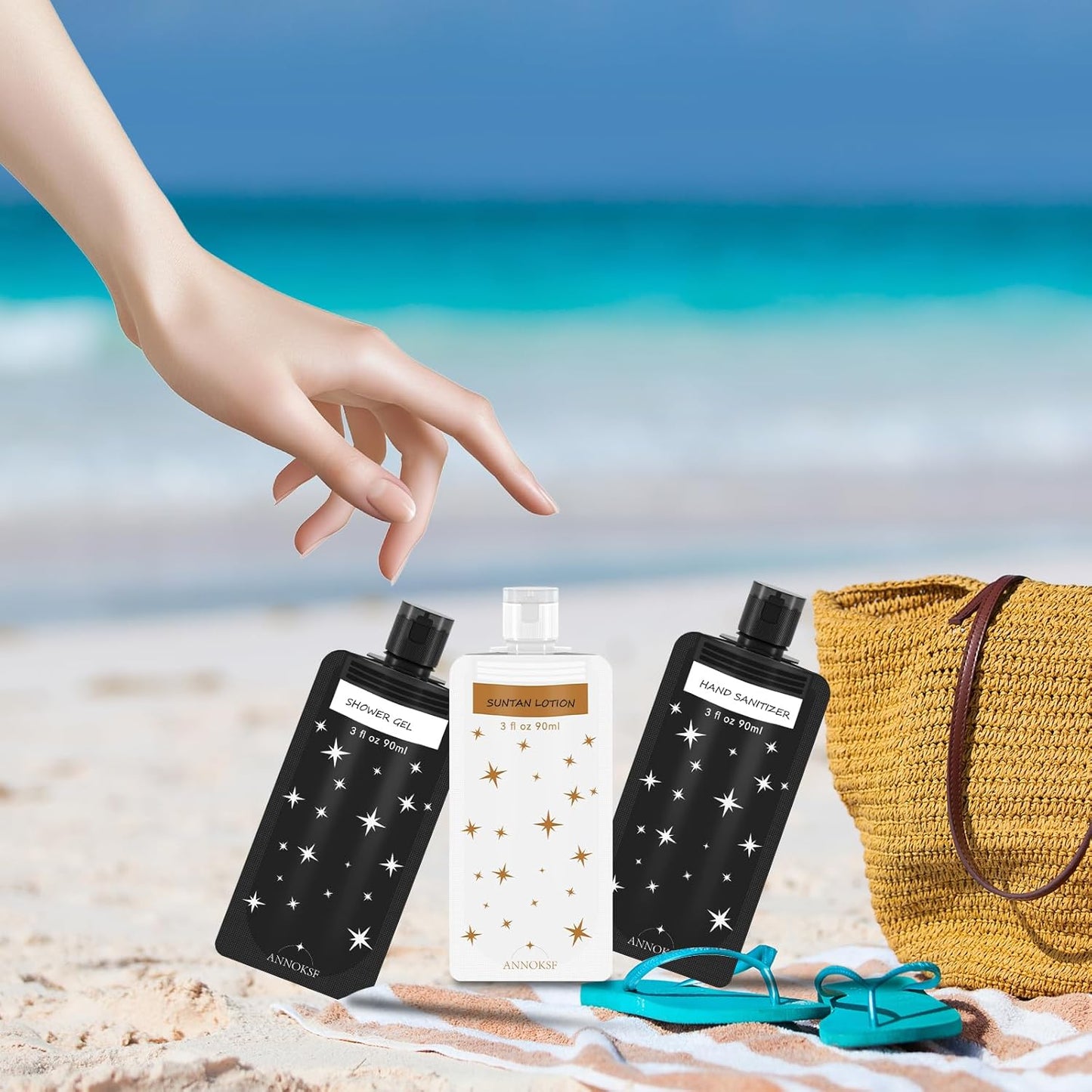 Travel Pouches for Toiletries 18 Pack - Leak-Resistant 3 oz Liquid Containers, TSA Approved Star Pattern Shower Gel & Cosmetic Bags (Black & White)