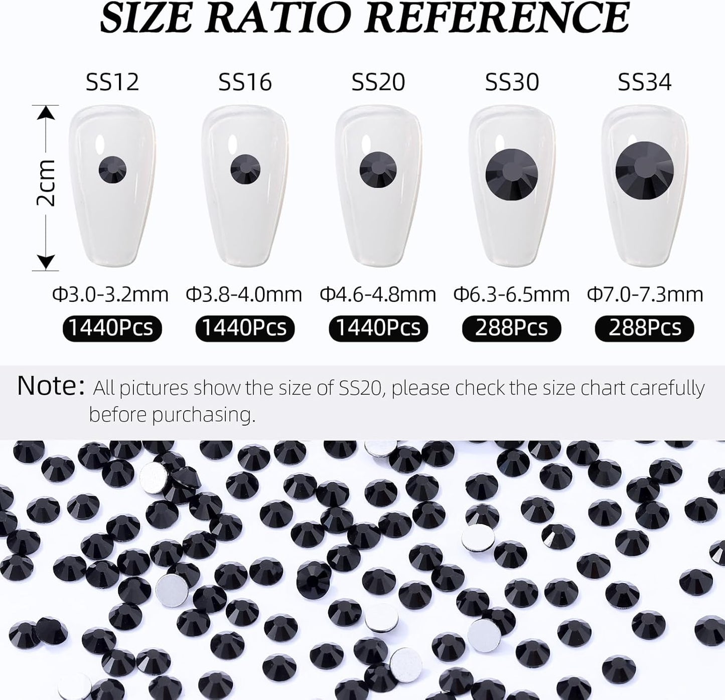 Black Flatback Rhinestones, Glass Rhinestones for Nail Art and Craft, Glue Fix, Loose Crystal Gemstones(Black, SS20, 1440pcs, 4.6-4.8mm)