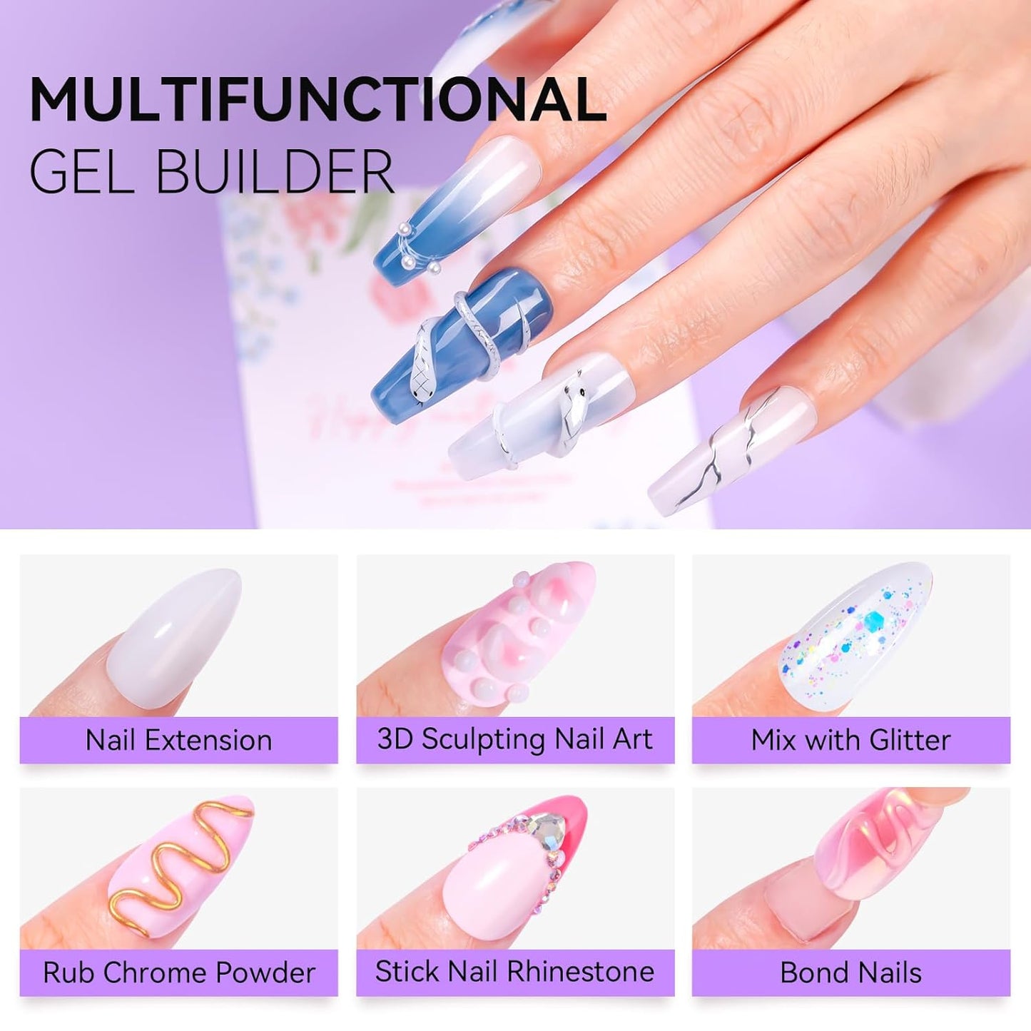 Makartt 3D Gel Nail Art: 4-in-1 Solid Gel Builder Non-sticky for Extension, 2pcs White and Dusty Pink 3D Sculpting Gels, UV Glue for Fake Nails, Rhinestones & Carving Hard Gels for UV/LED Lamp Require
