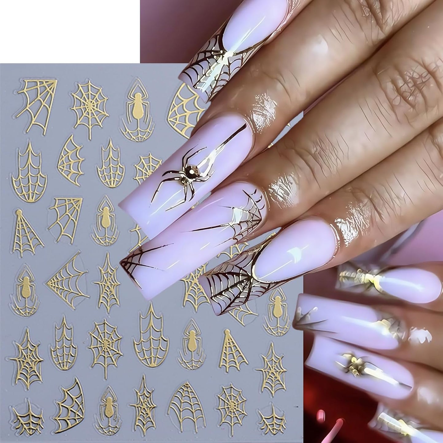 10 Sheets Halloween Nail Stickers for Nail Art 3D Self-Adhesive Spider Nail Decals Spider Web Nail Art Stickers Black White Gold Silver Laser Spider Web Nail Design for Acrylic Women Manicure Decor