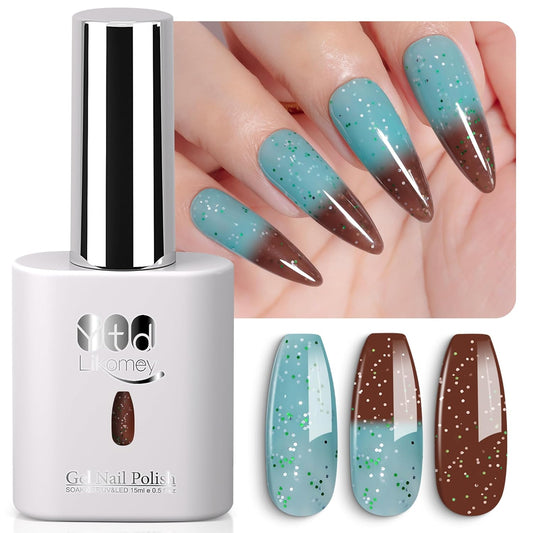 YTD Likomey Color Changing Gel Nail Polish,15ml Turquoise To Brown Shimmer Glitter Mood Temperature Change Colors UV Nail Gel,Fall Winter Thermal Ombre Manicure Varnish,WB430