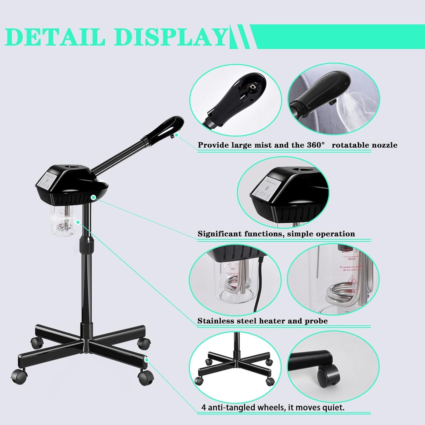 Professional Facial Steamer, Facial Steamer Professional for Estheticians, Hot Mist & Timer Function, Ozone Face Steamer on Wheels for Spa, Salon and at Home Use