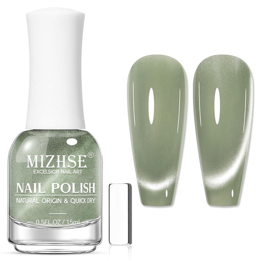 MIZHSE Quick Dry Cat Eye Nail Polish, Green Magnetic Nail Polish with Magnet, Air Drying Fast 15ml Cateye Nail Lacquer for Women Girls Non-Gel Nail Art Manicure DIY Home