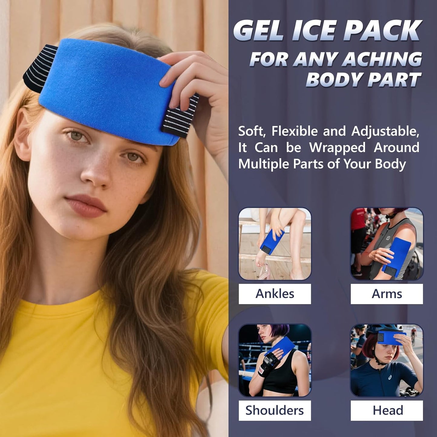Reusable Gel Soft Ice Packs for Injuries, 4 Pack Flexible Hot and Cold Packs with Strap for Knees, Back, Face, Joint & Muscle Pain Relief (Small 4.33"x 9.45")