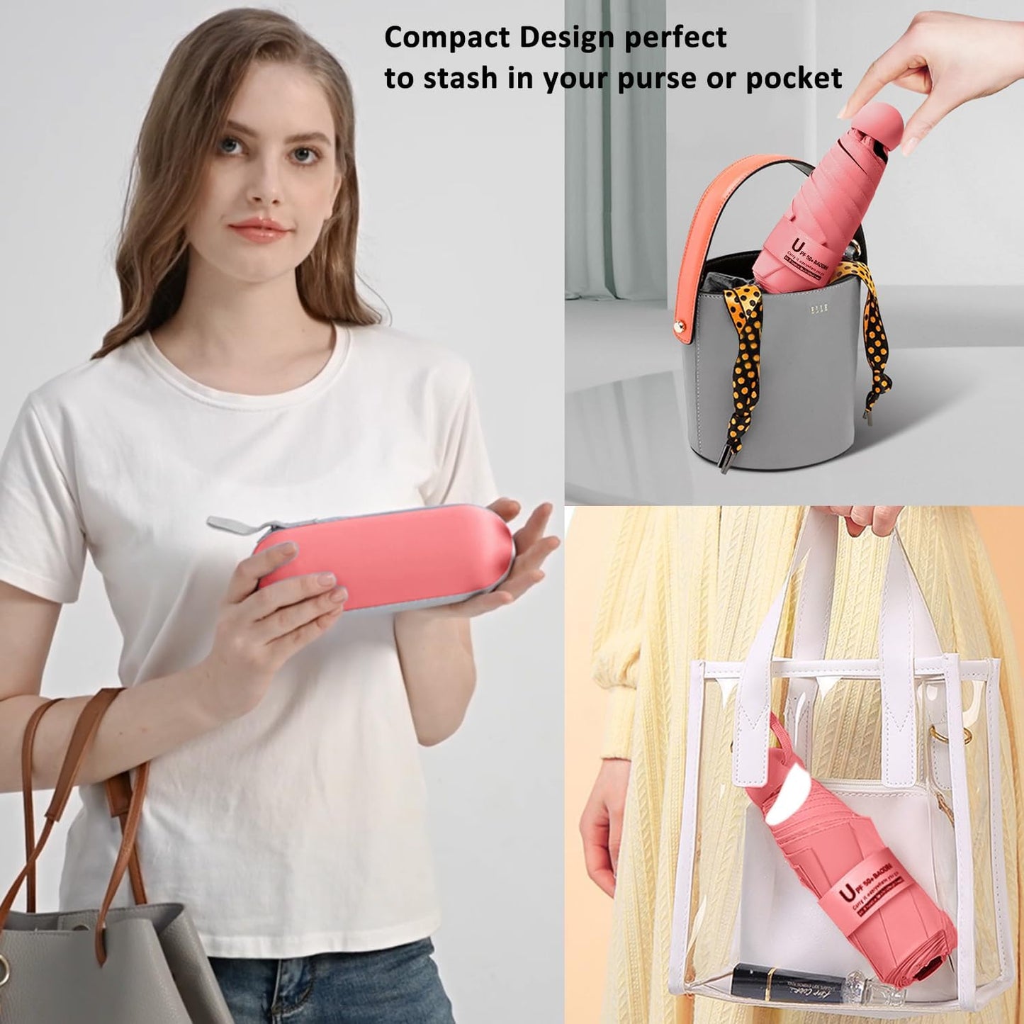 BAODINI Travel Essentials Mini Umbrella for Purse With Case Small Compact UV Sun Protection Lightweight Tiny Pocket Manual Open Close Umbrella for Women Kids and Men Fit Purse Backpack